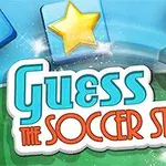 Logo med tekst Guess the Soccer Star i blå og orange skrift på en grøn baggrund med en fodbold og stjerner