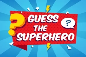 Tegneseriestil grafik med teksten Guess the Superhero på en rød baggrund med gule lyn og blå stråler
