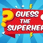 Tegneseriestil grafik med teksten Guess the Superhero på en rød baggrund med gule lyn og blå stråler