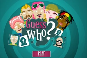 Tegneserieportrætter af forskellige karakterer med teksten Guess Who?