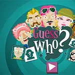 Tegneserieansigter af forskellige personer med farverige udtryk og ordet Guess Who?