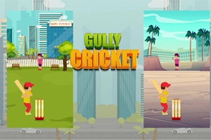 Illustration af to børn, der spiller cricket i by- og strandmiljøer med Gully Cricket skrevet i midten