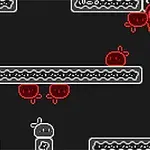 En pixelkunstscene med sorte og røde figurer, der bevæger sig omkring på en platform i flere niveauer