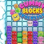 Farverige terningformede figurer med ansigter omgiver teksten Gummy Blocks Evolution over et naturlandskab