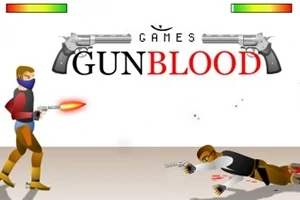 To personer i en duel, den ene står oprejst og skyder, mens den anden ligger på jorden og skyder tilbage, med Gunblood tekst ovenfor