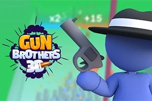 Blå animeret figur med en sort og hvid hat holder en pistol, ved siden af en farverig titeltekst