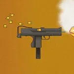 Sort maskinpistol der affyrer kugler med flamme og røg mod orange baggrund