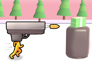 En gul figur springer ud af en pistol, mens en stak penge står ved siden af i et tegneseriemiljø med grønne træer i baggrunden