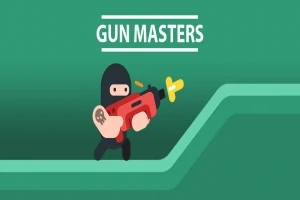 En sortklædt figur med en rød legetøjslignende pistol bevæger sig på en grøn, niveaudelt platform med teksten Gun Masters øverst