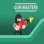 En sortklædt figur med en rød legetøjslignende pistol bevæger sig på en grøn, niveaudelt platform med teksten Gun Masters øverst