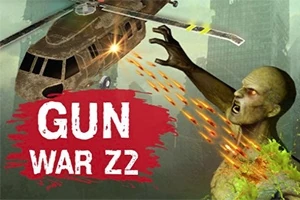 En zombie når ud mod en helikopter, mens der er kugler i bevægelse, med teksten GUN WAR Z2 i forgrunden