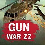 En zombie når ud mod en helikopter, mens der er kugler i bevægelse, med teksten GUN WAR Z2 i forgrunden