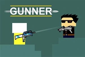 En pixelkunstfigur med solbriller og pistol står overfor en firkantet robotfigur med et gevær, med teksten GUNNER øverst