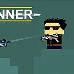 En pixelkunstfigur med solbriller og pistol står overfor en firkantet robotfigur med et gevær, med teksten GUNNER øverst