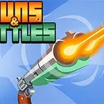 En tegneserieagtig pistol, der affyrer en kugle med lysende orange spor, med teksten Guns & Bottles i en farverig skrifttype på en blå baggrund
