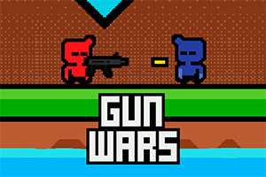 To pixelfigurer i rød og blå står overfor hinanden med våben, med teksten Gun Wars nederst