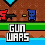 To pixelfigurer i rød og blå står overfor hinanden med våben, med teksten Gun Wars nederst