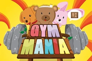 Illustration af en hund, bjørn og kanin bag en stor håndvægt med farverige bogstaver, der staver Gym Mania, på en gul og rødstribet baggrund
