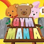 Illustration af en hund, bjørn og kanin bag en stor håndvægt med farverige bogstaver, der staver Gym Mania, på en gul og rødstribet baggrund