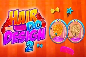 Farverig illustration med teksten Hair Do Design 2 og billeder af to komplekse håropsætninger i ovale rammer, omgivet af hårtilbehør på en orange baggrund