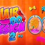 Farverig illustration med teksten Hair Do Design 2 og billeder af to komplekse håropsætninger i ovale rammer, omgivet af hårtilbehør på en orange baggrund