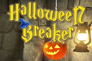 Teksten Halloween Breaker i gotisk stil med et smilende græskar og en hængende lanterne i baggrunden