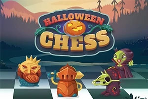 Halloween-tema skakbrik med et uhyggeligt landskab i baggrunden og teksten Halloween Chess