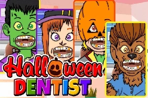 Tegneserieagtige Halloween-figurer, herunder en vampyr, hekse og varulve, med bøjler på tænderne, omgivet af farverige rammer og teksten Halloween Dentist