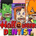 Tegneserieagtige Halloween-figurer, herunder en vampyr, hekse og varulve, med bøjler på tænderne, omgivet af farverige rammer og teksten Halloween Dentist
