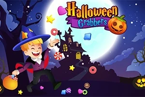 En tegneseriefigur klædt som troldmand med en græskarspand, omgivet af slik og halloweenpynt foran et uhyggeligt hus oplyst af en fuldmåne