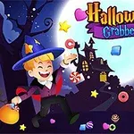 En tegneseriefigur klædt som troldmand med en græskarspand, omgivet af slik og halloweenpynt foran et uhyggeligt hus oplyst af en fuldmåne
