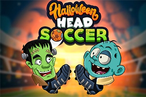 To sjove tegneseriefigurer i Halloween-tema med store hoveder og fodboldstøvler, placeret foran en stadionbaggrund