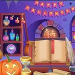 Et farverigt Halloween-tema med en åben bog, lyseffekter, en græskarlygte, magiske eliksirer og slik i en mystisk indretning