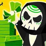 En tegneseriefigur med et skeletansigt i en sort kåbe holder grønne pengesedler, omgivet af stakke af penge på en gul baggrund