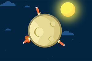 En astronaut står på en månelignende planet med sværd stukket ind i overfladen, set mod en stjernehimmel med en stor sol