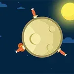 En astronaut står på en månelignende planet med sværd stukket ind i overfladen, set mod en stjernehimmel med en stor sol