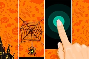 En illustration med et Halloween-tema, der viser en stor hånd, der trykker på et sort panel ved siden af orange paneler med spindelvæv, edderkopper og forskellige Halloween-motiver