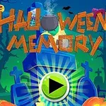 Gravsten og græskar med et grønt play-ikon i midten under titlen Halloween Memory