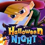 En tegneseriefigur i kostume flyver på en kost over en byscene med et græskar og teksten Halloween Night