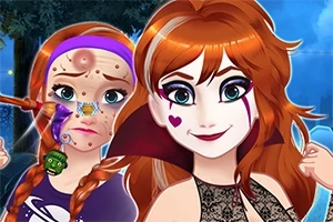 To anime-lignende figurer med rødt hår, hvor den ene har vampyrkostume og makeup, og den anden har bumser og ansigtsmasker