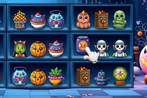 Hylder fyldt med farverige og fantasifulde figurer og genstande i en Halloween-tema butik