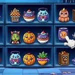 Hylder fyldt med farverige og fantasifulde figurer og genstande i en Halloween-tema butik
