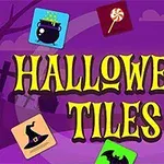 Halloween-inspirerede illustrationer med heksegryde, spøgelse, græskar og andre symboler mod en lilla baggrund med teksten Halloween Tiles