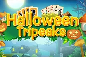 Farverig illustration med store, gule bogstaver Halloween Tripeaks omgivet af græskar, kort og en svampefyldt skovbaggrund