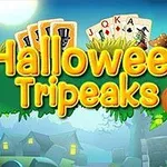 Farverig illustration med store, gule bogstaver Halloween Tripeaks omgivet af græskar, kort og en svampefyldt skovbaggrund