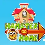 En tegning af et hus med rødt tag og en gul pil med teksten Hamster Go Home mod en blå himmel