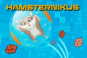 En glad hamster i en gennemsigtig boble på en blå baggrund med geometriske mønstre og flydende hjerner