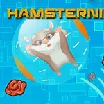 En glad hamster i en gennemsigtig boble på en blå baggrund med geometriske mønstre og flydende hjerner