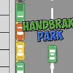Top-down illustration af en grøn bil, der parallelt parkerer mellem farverige biler med teksten Handbrake Park i midten