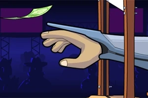 En tegnet hånd i en guillotine når ud efter en svævende pengeseddel mod en mørk baggrund med silhuetter
